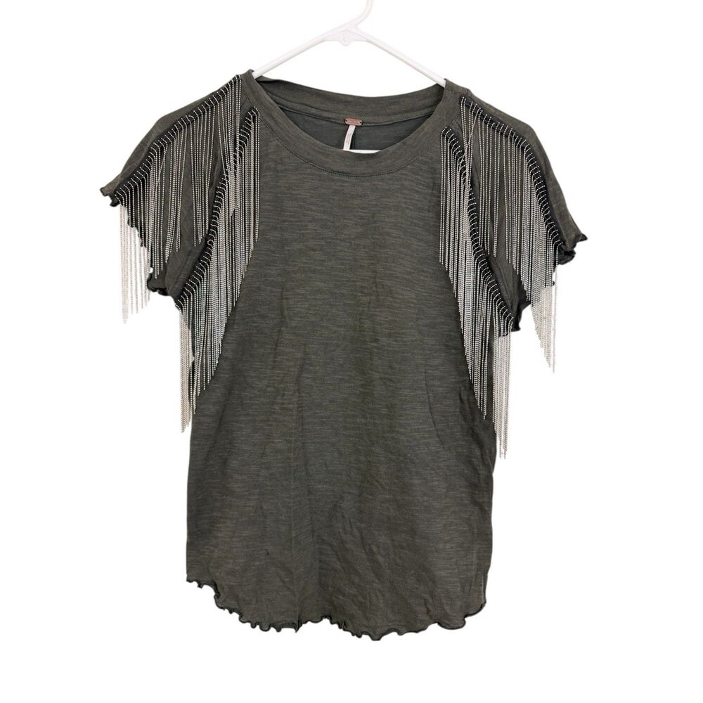 Free People Bang Bang Embellished Chain Fringe Lettuce Hem Tee Shirt Large Gray